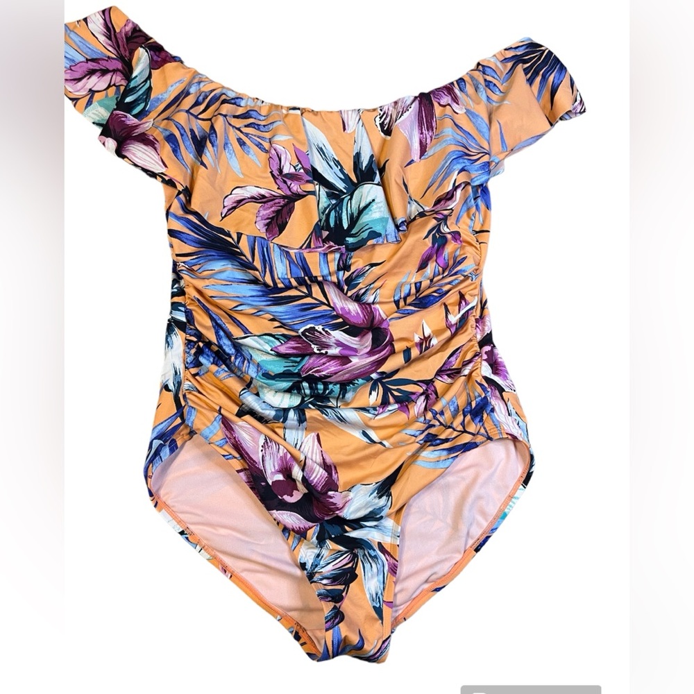 Liz Claiborne full coverage one piece tropical print bathing suit size 12 ruffle
